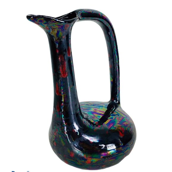 Vintage 1980's Glazed Black Iridescent Wide Handle Goose Neck Pitcher Vase
